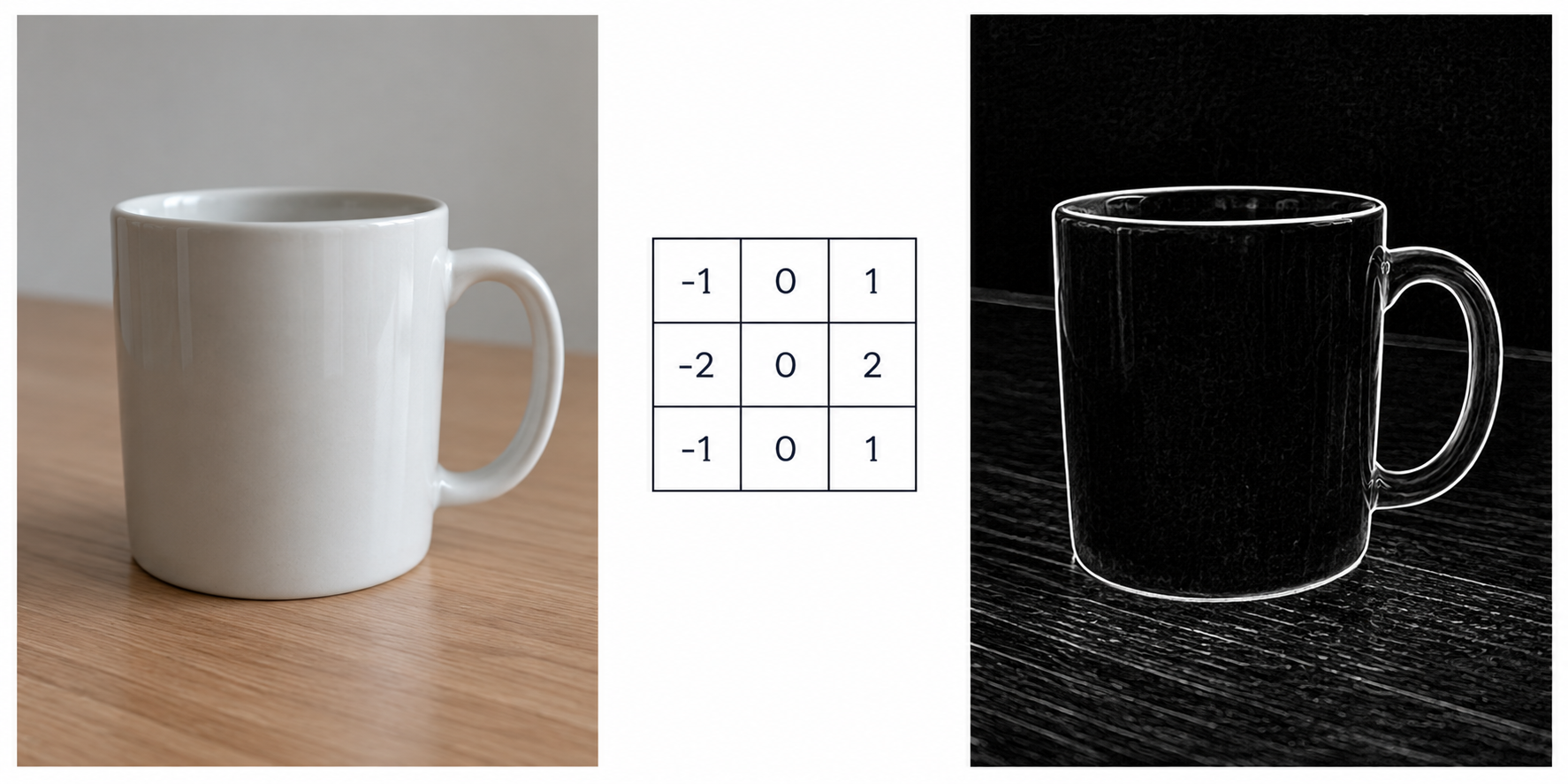 A white mug, a Sobel kernel, and the resulting edge-detected mug