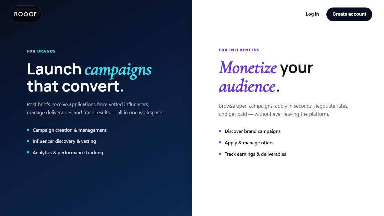Rooof home page for brands and influencers