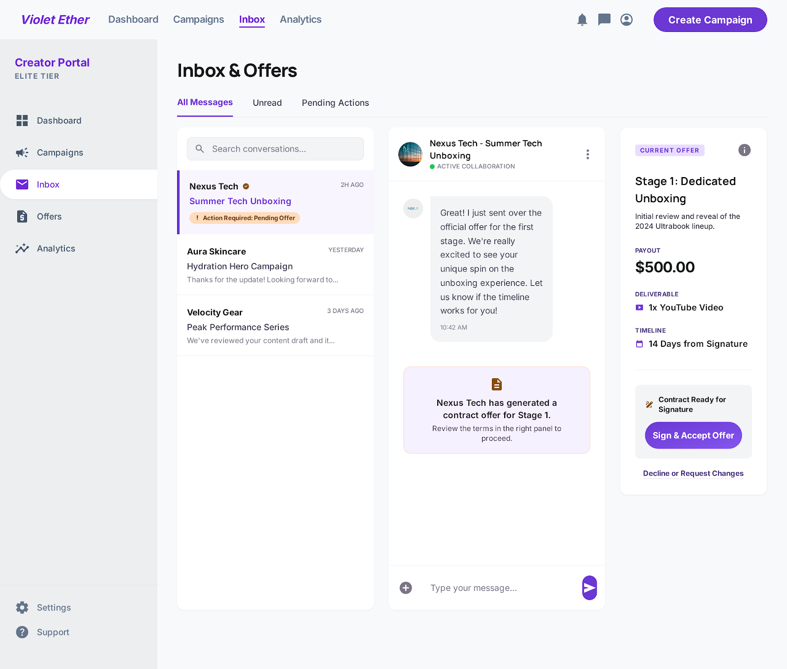 Rooof inbox and campaign offer interface